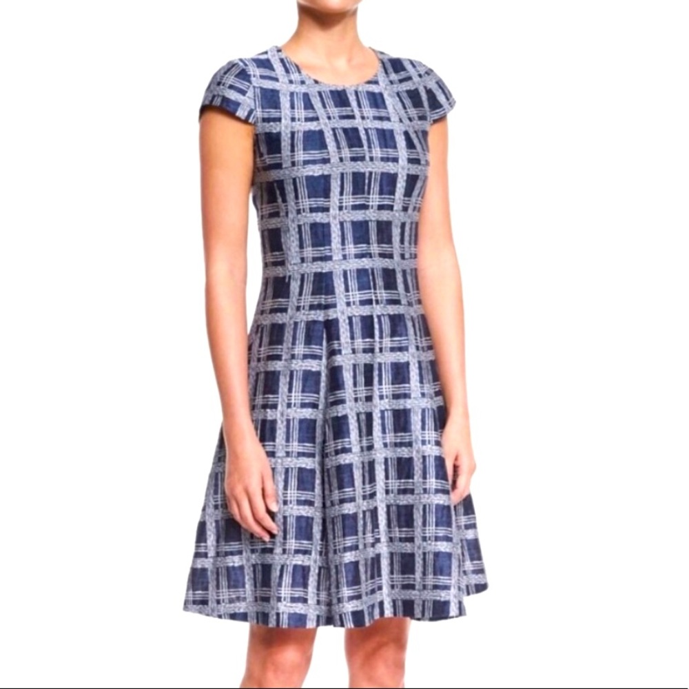 ARMANI Linen blend plaid dress w/cap sleeve